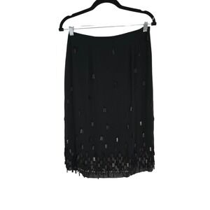 Sue Wong Nocturne Black Silk Beaded Fringe Midi Skirt Cocktail Party Evening